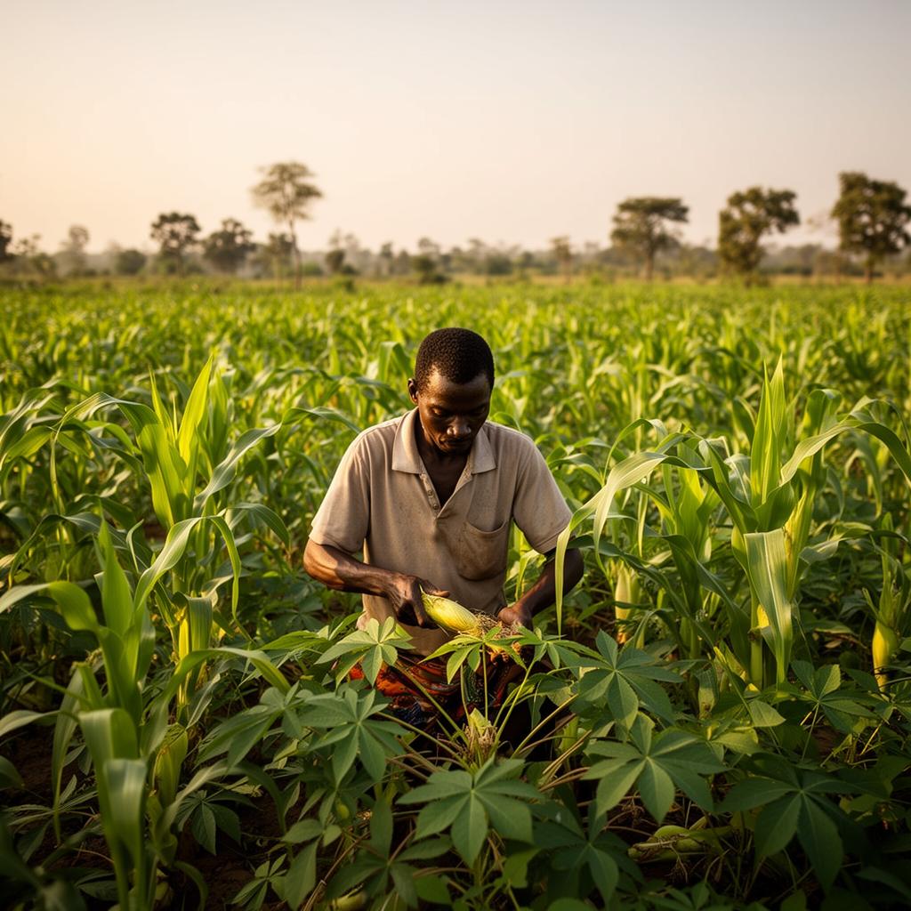 Ghanaian farmer tending maize and cassava crops in warm sunlight