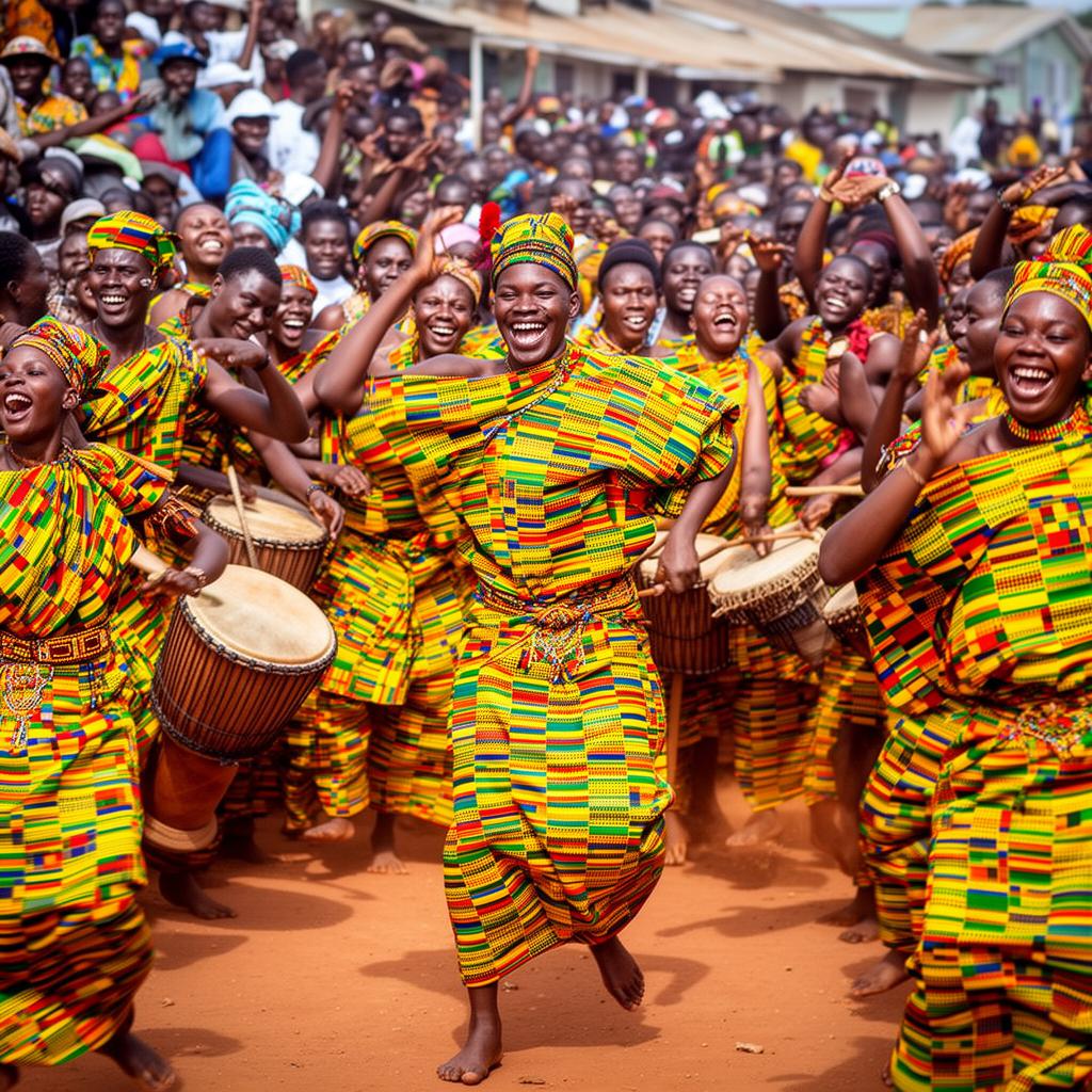 Vibrant Ghanaian traditional festival with dancers in kente cloth