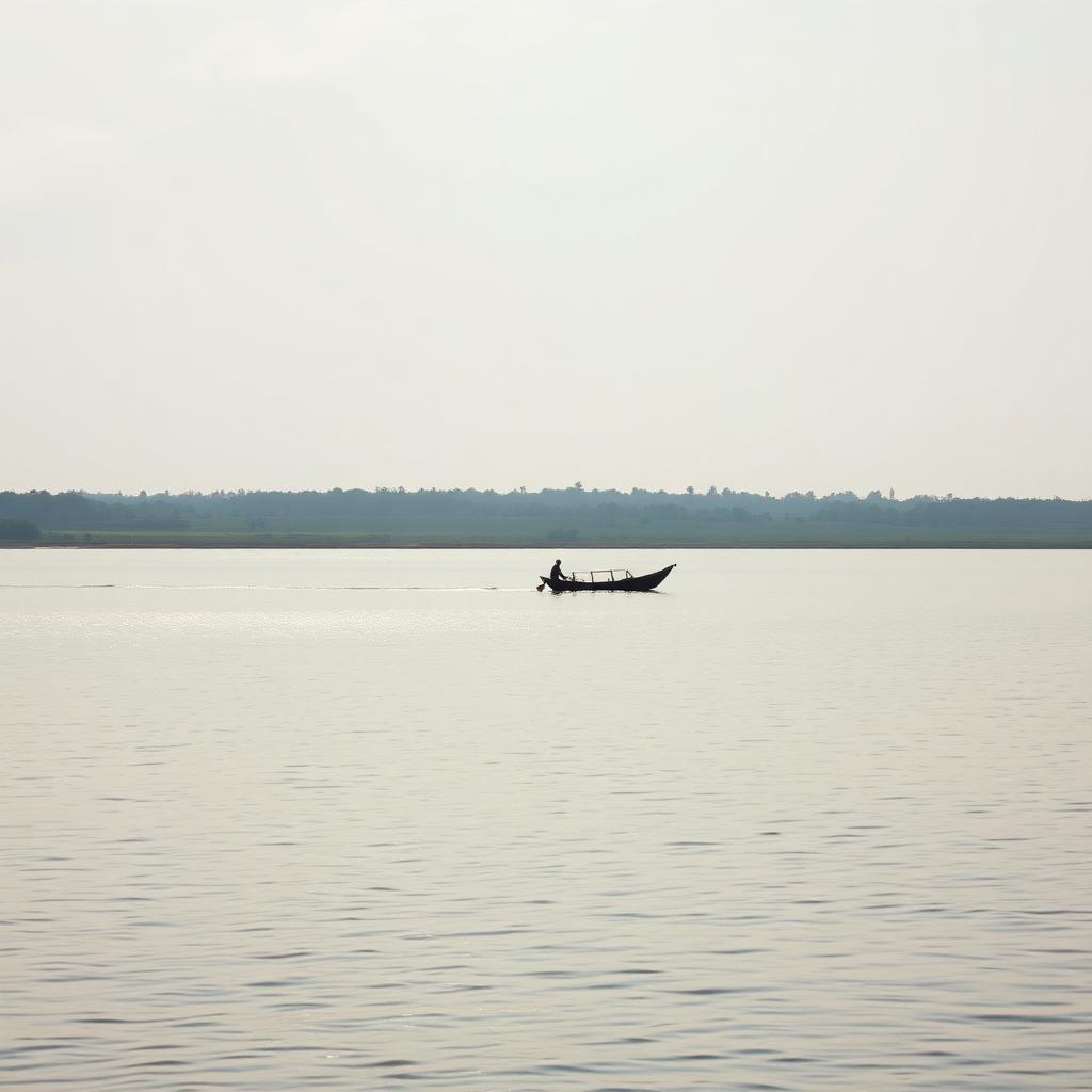 Volta Lake stretching to the horizon with a small fishing boat